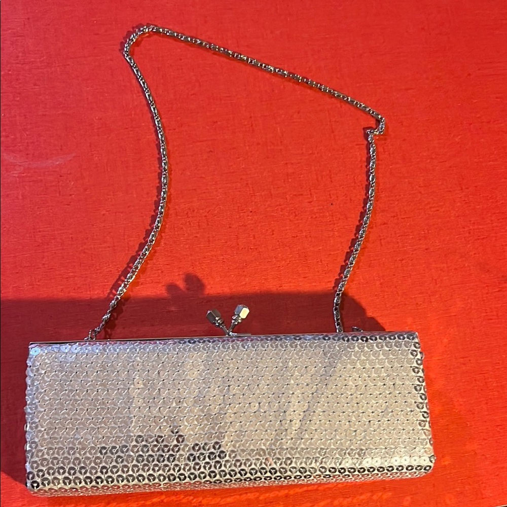 Vintage Silver Sequin Evening Clutch Purse Chain Strap Wedding Prom Formal Bag